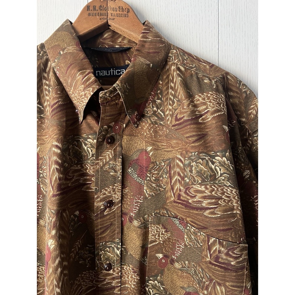 Vintage Nautica Men's Pheasant Hunting Long Sleeve Button Down Shirt Large Brown